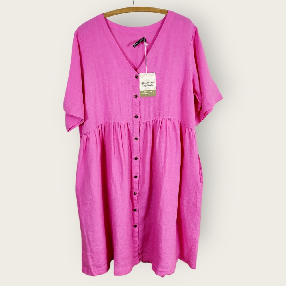 NWT GUDRUN SJODEN Magenta Pink Swedish Linen Button Front Midi Dress Large NEW